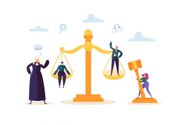 graphic of scales of justice surrounded by lawyers